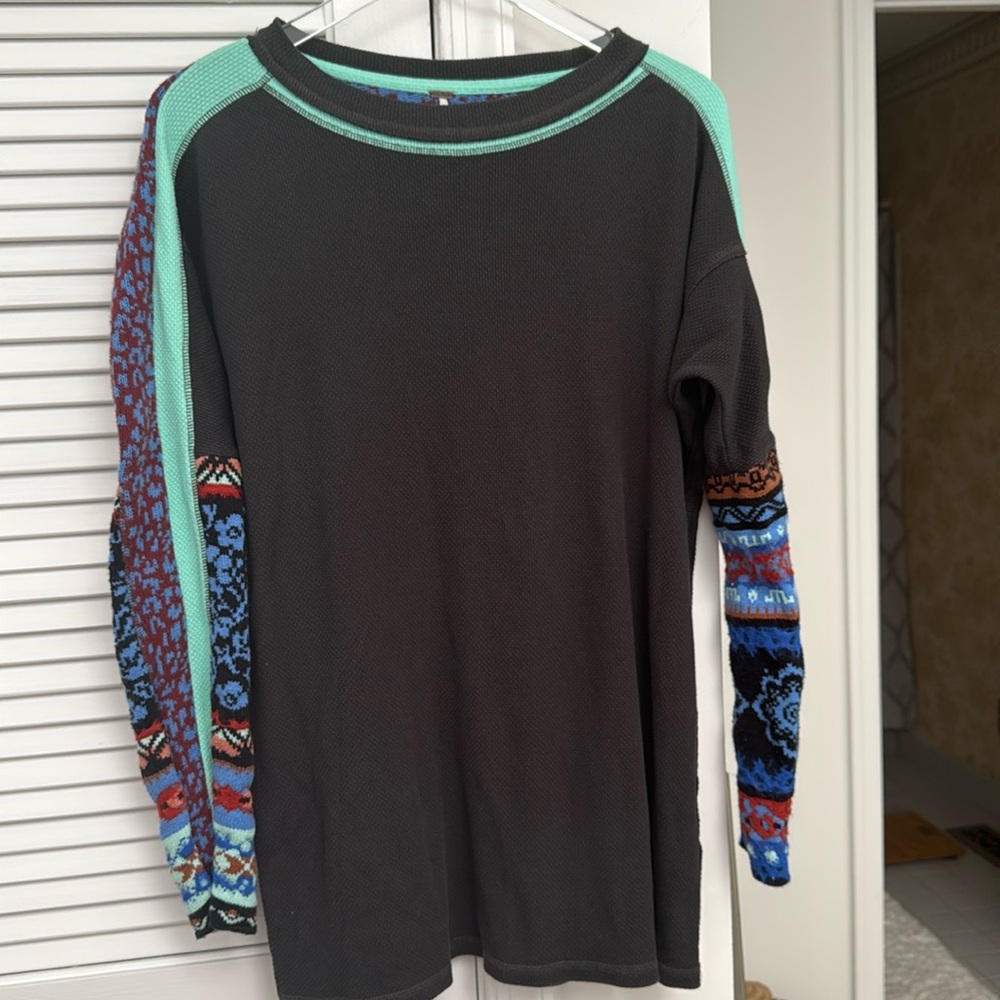 Free People Women's Black Long Sleeve On My Way Cuff Thermal Top